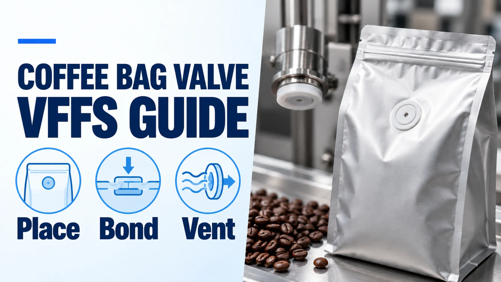 Coffee bag valve with Place, Bond and Vent icons beside a silver pouch