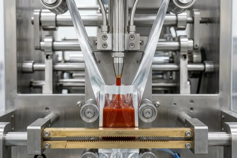 Close-up of a vertical stainless-steel liquid filling nozzle dispensing red sauce between opposing barrier film webs above heated serrated cross-sealing jaws