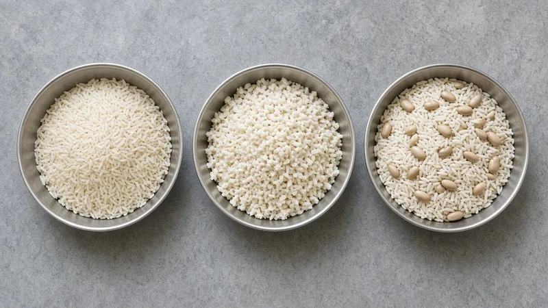 Three dishes of rice: longer grains, shorter broken grains, and rice with larger beans.
