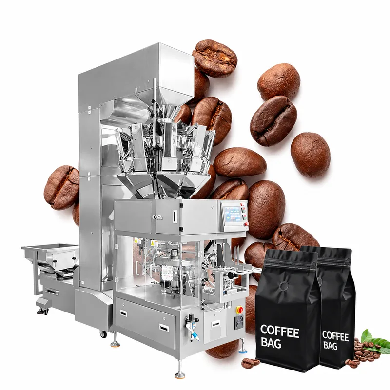 Multihead weigher feeding a premade-pouch machine, shown with coffee beans and black stand-up coffee bags