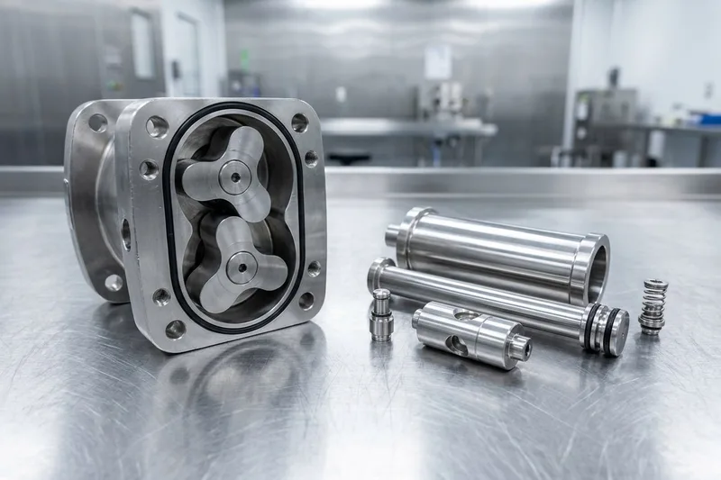Open stainless-steel rotary lobe pump head with machined tri-lobe rotors beside a volumetric piston cylinder, rotating-port rotary valve core, and spring-loaded poppet check valve
