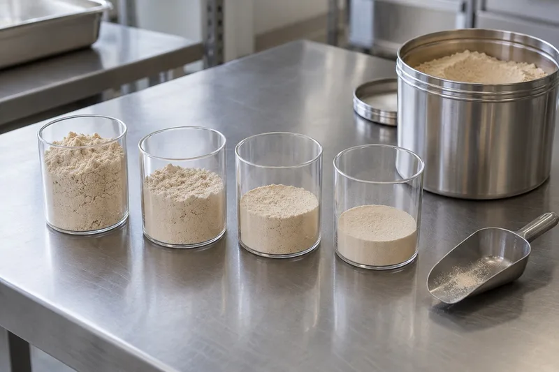 Clear sample containers holding beige powder at different levels beside a scoop.