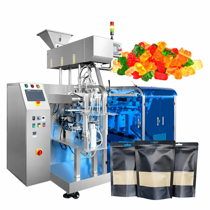 Premade zipper-pouch machine with product hopper and control panel, shown with gummy bears and black stand-up zipper pouches