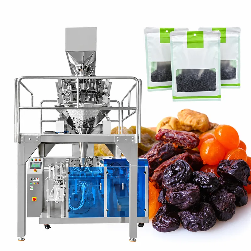 Multihead weigher above a premade-pouch machine, shown with dried fruit and window zipper pouches