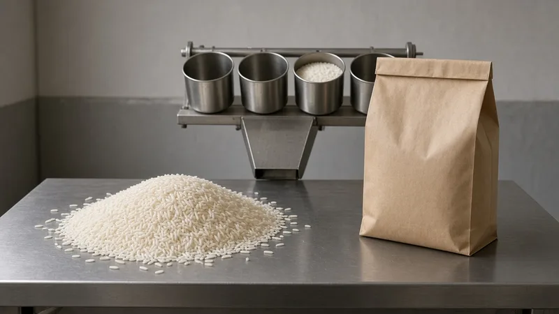 Uncooked long-grain rice, an unprinted kraft retail bag, and four metal dosing cups.