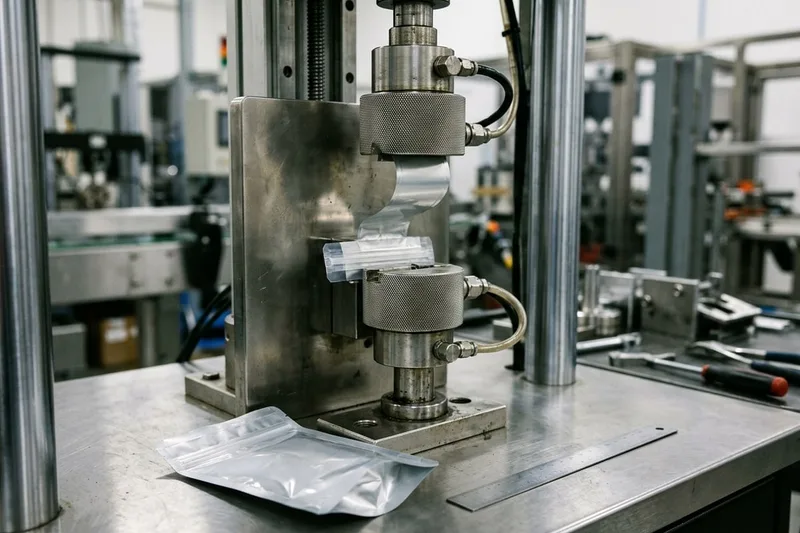 Peel-test grips clamping a zipper pouch flange for flexible barrier seal evaluation beside a stand-up pouch and ruler on the bench