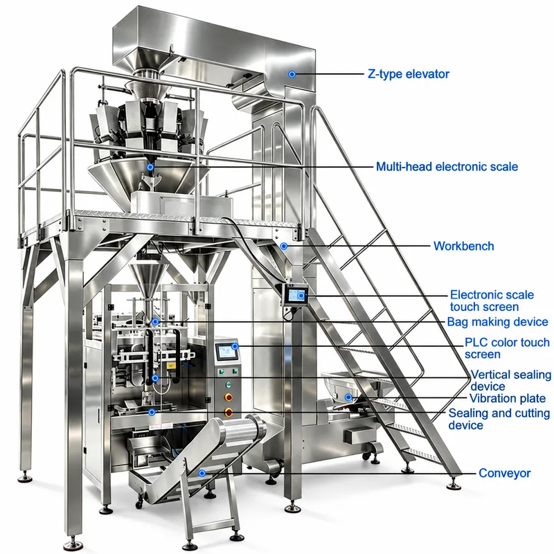Multihead weighing line with feed elevator, platform, bagger and discharge conveyor