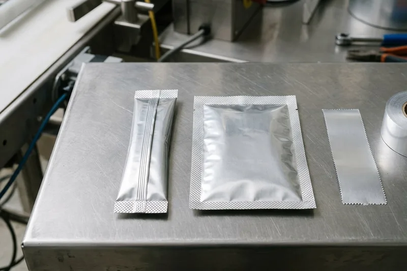 Overhead inspection of a tubular stick pack with longitudinal fin seal, a flat four-side-seal sachet with perimeter crimp, and an unformed laminate film strip on a stainless-steel inspection table