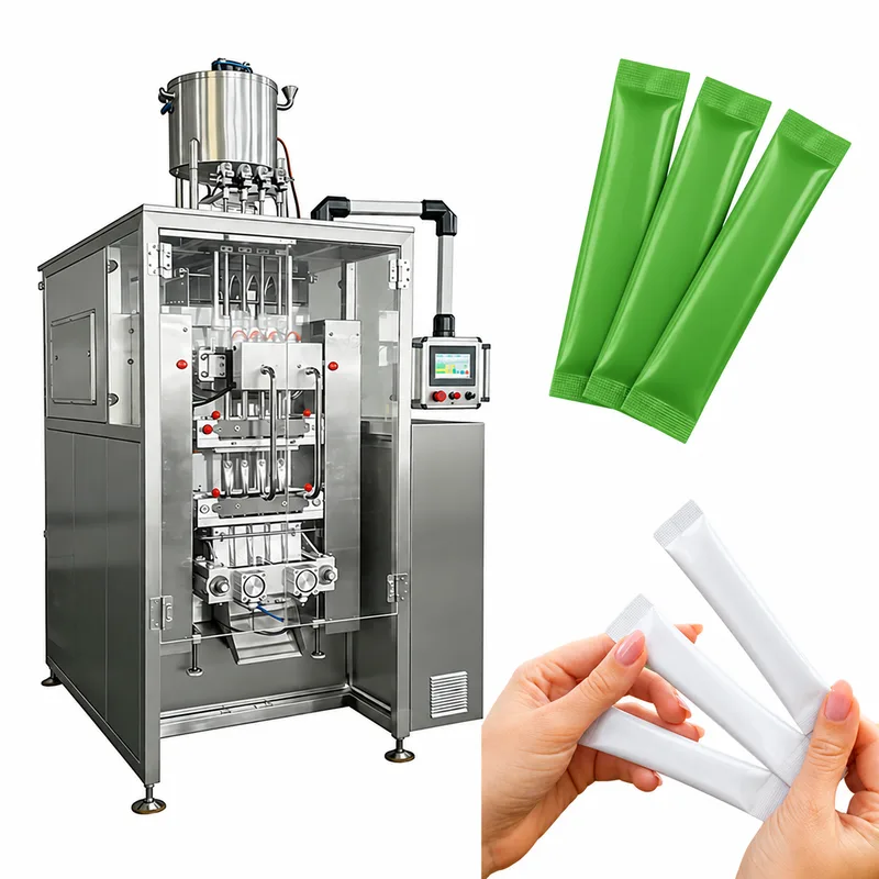Multi-lane stick-pack machine with powder hopper, shown with green and white single-serve stick packs