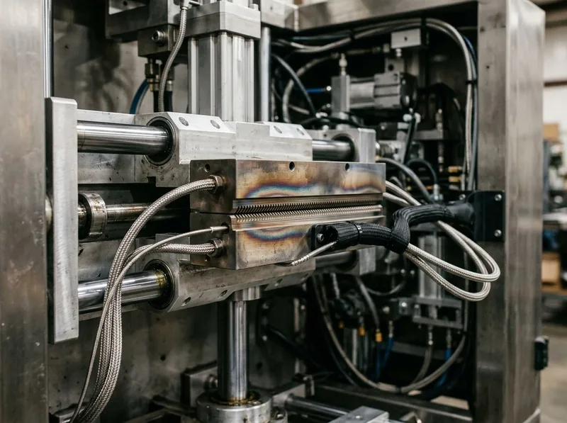 Machined horizontal heat-sealing jaw assembly on stainless guide shafts with braided high-temperature heater leads and thermocouple wiring.