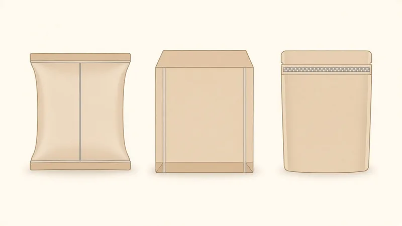Schematic of three closures: a pillow seal, a flat-bottom four-edge seal, and a zip on a pouch.