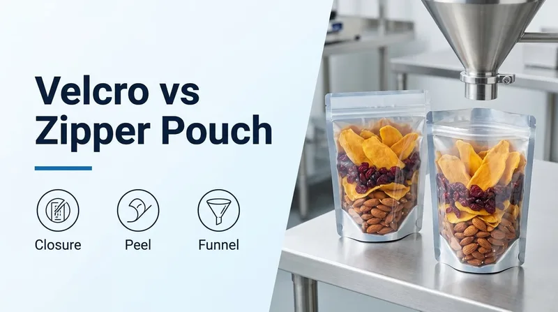 Comparison banner showing stand-up dried fruit and nut pouches with hook-and-loop Velcro closure and press-to-close zipper beneath a stainless-steel filling funnel