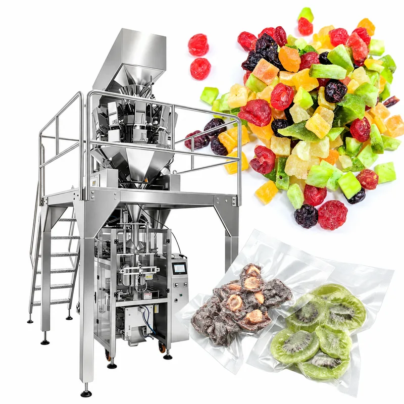Multihead weigher on a platform above a vertical bagger, shown with dried fruit pieces and vacuum-packed fruit samples