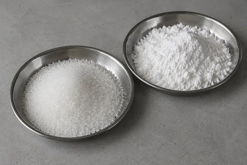 Granulated sugar and powdered sugar in separate shallow stainless steel dishes.
