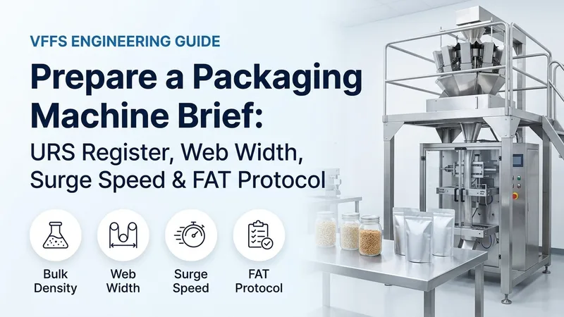 Prepare a Packaging Machine Brief engineering banner showing URS register parameters, bulk density bowls, web width sizing, surge speed, and FAT protocol