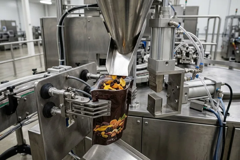 Premade pouch filling station using mechanical opening fingers to hold a dried-fruit pouch open under a filling chute beside heat-seal jaws