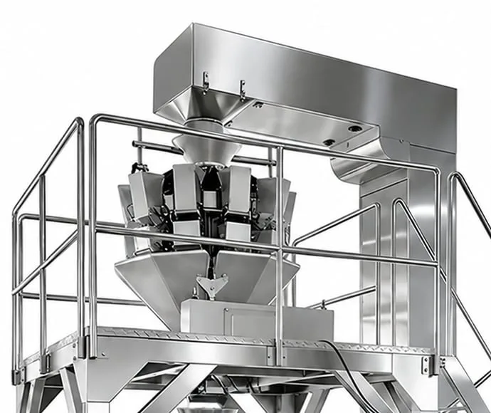Elevated feed outlet, multihead weighing buckets and collection chute.