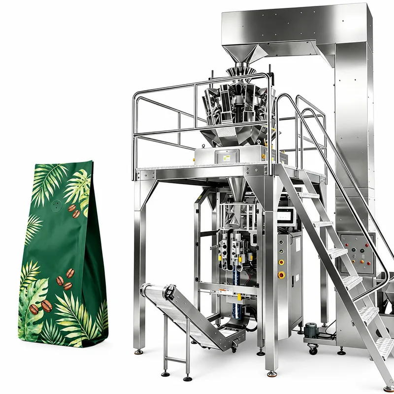 Multihead weigher and vertical bagger on a support platform, shown with a printed coffee bag sample