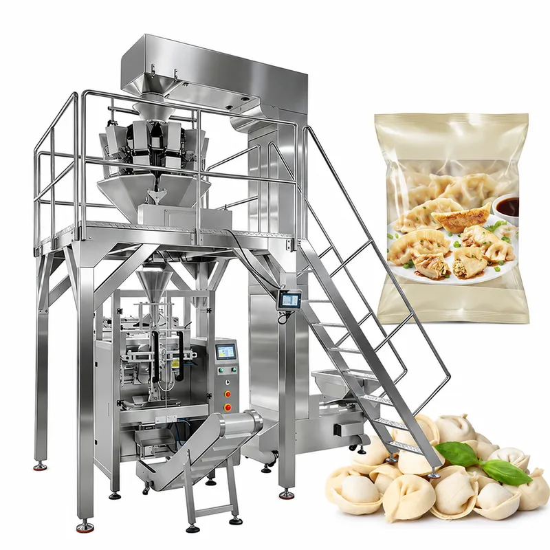 Multihead weigher above a vertical bagger with access stairs, shown with a clear bag of frozen dumplings
