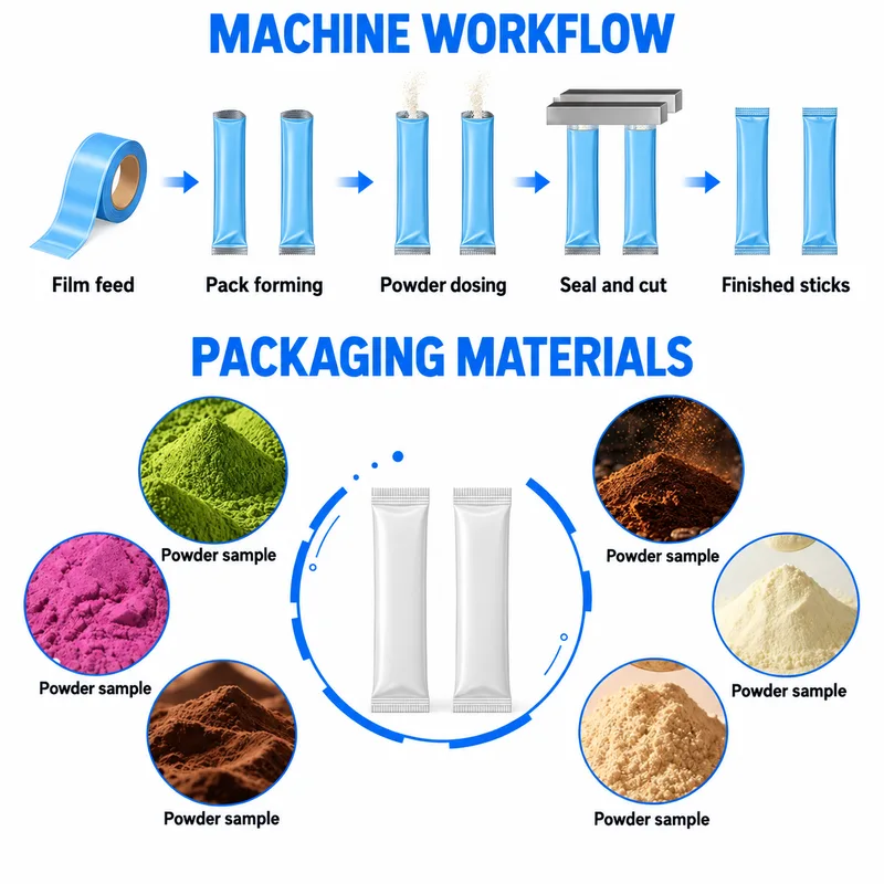 Powder stick-pack workflow from film feed through forming, dosing, sealing and finished sticks