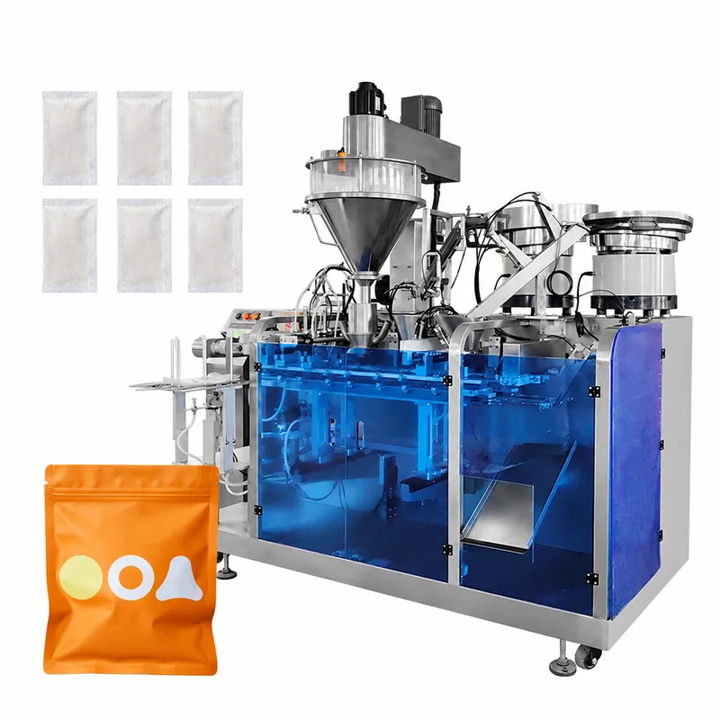 Horizontal pouch packaging machine with auger hopper and parts feeder, shown with desiccant packets and an orange pouch