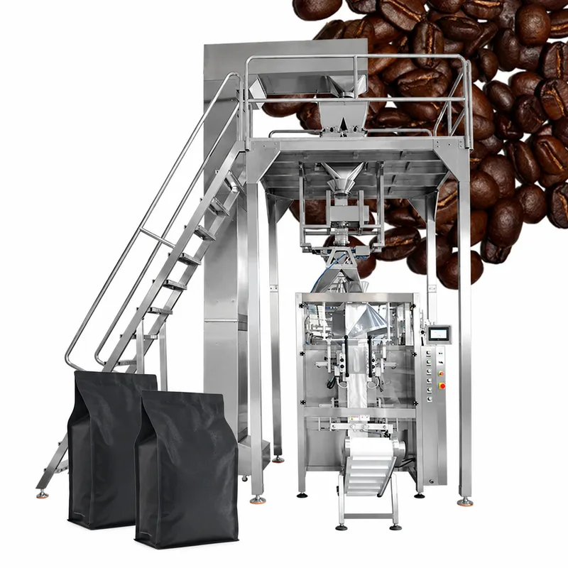 Weighing and vertical bagging line for coffee beans, shown with two black square-bottom coffee bags