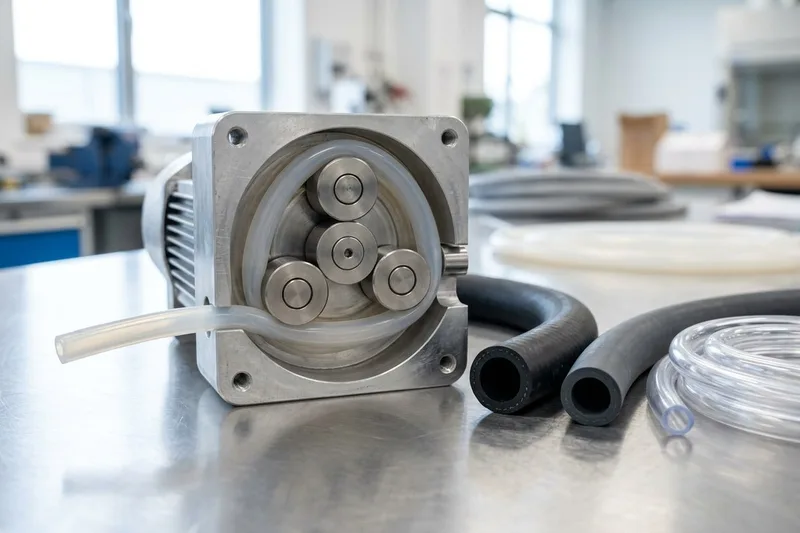 Open roller-operated peristaltic dispenser head with translucent silicone tubing beside sample coils of black nitrile hose, EPDM hose, and clear Tygon tubing