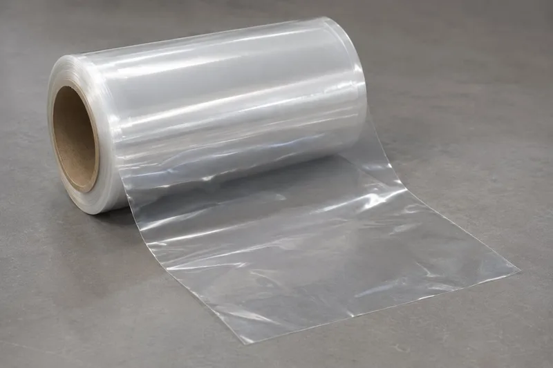 An unprinted clear packaging-film roll with a short web unwound across a gray tabletop.