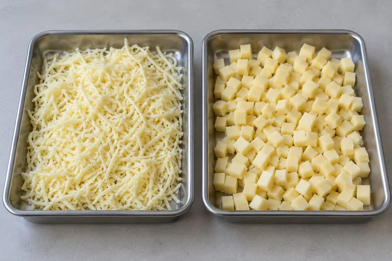 Shredded cheese and diced cheese in separate stainless steel trays.