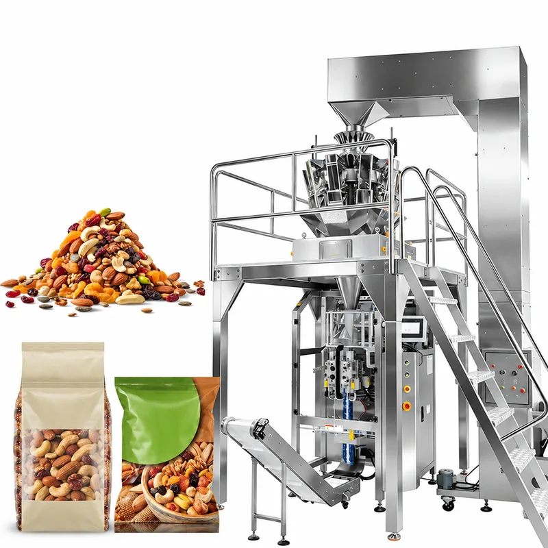 Multihead weigher, vertical bagger and discharge conveyor, shown with mixed nuts and two retail nut bags
