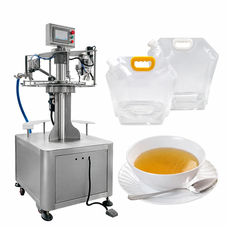 Spout-pouch filling station with touch screen and filling head, shown with clear spouted pouches with handles