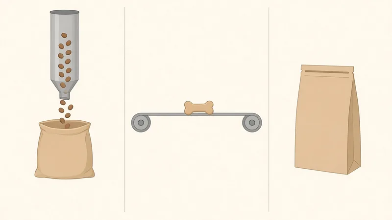 Schematic of three product entries: pieces falling through a forming tube, one item on a conveyor, and a pouch that already exists.