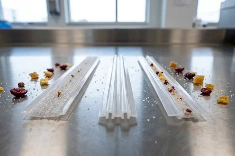 Macro bench comparison of a wide polyethylene micro-hook fastener strip, a double-track press-to-close zipper, and a single-track zipper dusted with sugar crystals and dried fruit crumbs