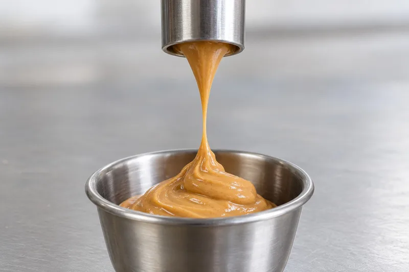Illustrated stainless dispensing tube with a tapering peanut butter strand extending toward a catch cup.