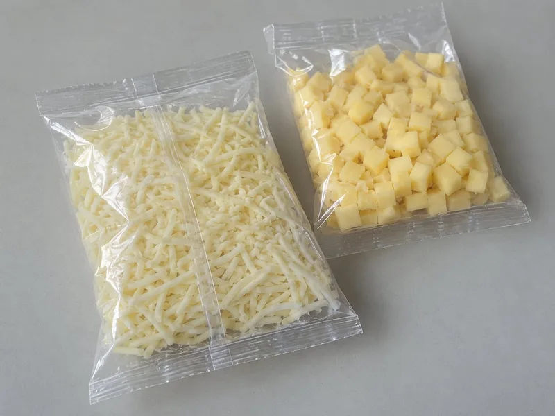 Unprinted clear bags containing shredded and diced cheese, with end seals and a longitudinal seam visible.
