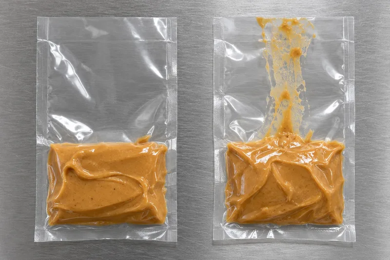 Illustrated transparent film samples with a clear upper margin on the left and a peanut butter smear crossing the right margin.
