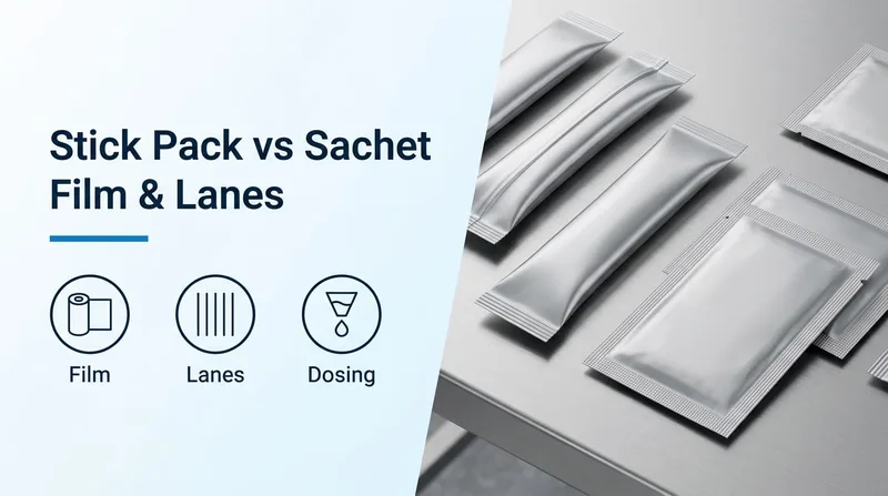 Side-by-side comparison of narrow tubular stick packs with rear fin seals and wide flat four-side-seal sachets on a brushed stainless-steel surface