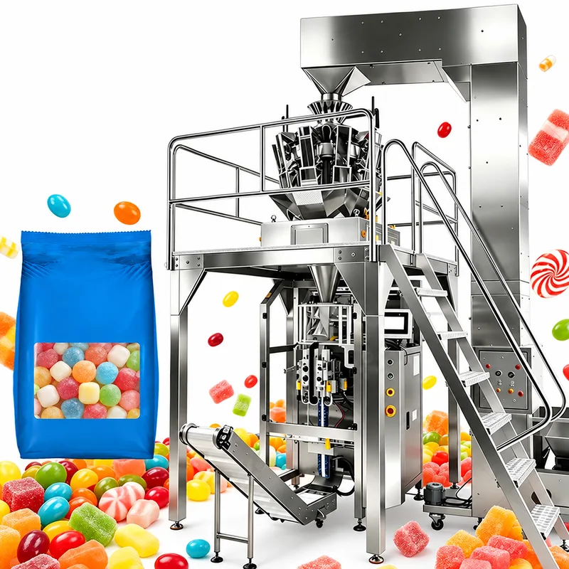 Multihead weigher and vertical bagger with inclined feed conveyor, shown with a window candy bag and loose gummies