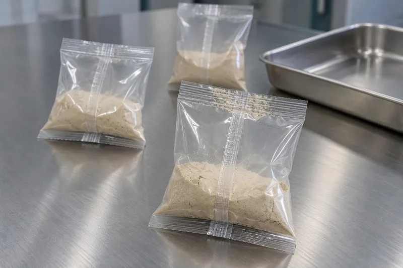 Unprinted clear powder bags on a metal bench with powder visible near a top seal.