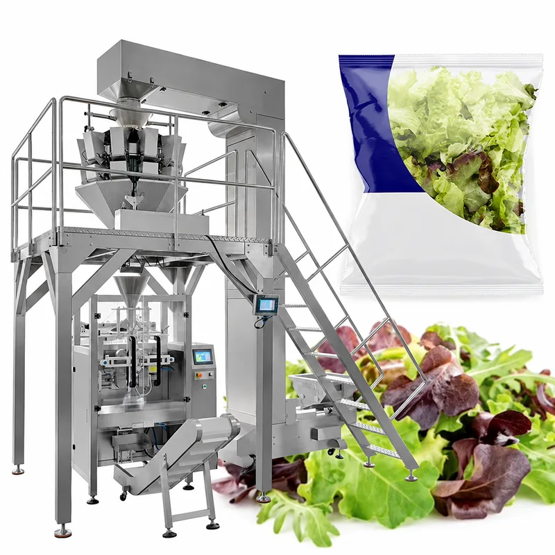 Multihead weighing and vertical bagging line, shown with a clear bag of mixed salad leaves