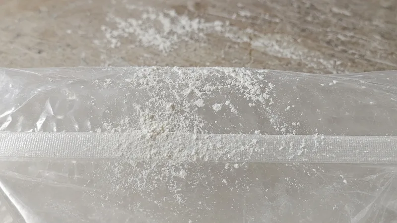 White flour dust on a clear bag and along a horizontal seal.