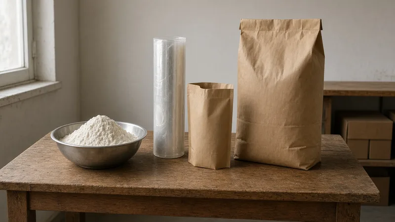 A bowl of white flour, a roll of clear film, an empty paper pouch, and a large paper sack on a wooden table.