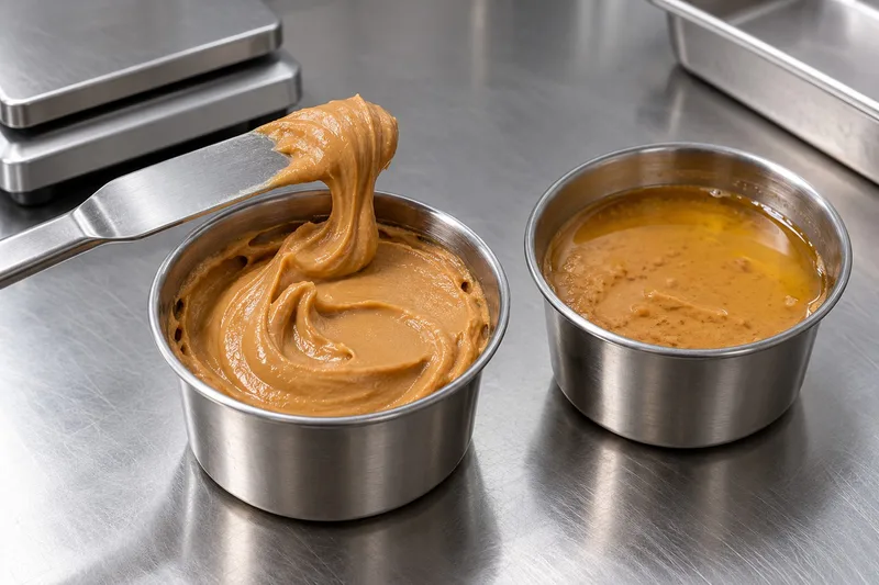 Illustrated peanut butter sample cups showing paste clinging to a spatula and a glossy oil layer.