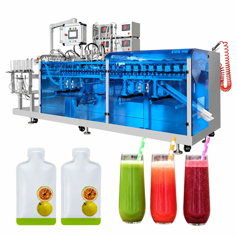 Horizontal premade-pouch liquid filling machine with blue guarding, shown with shaped juice pouches and glasses of juice