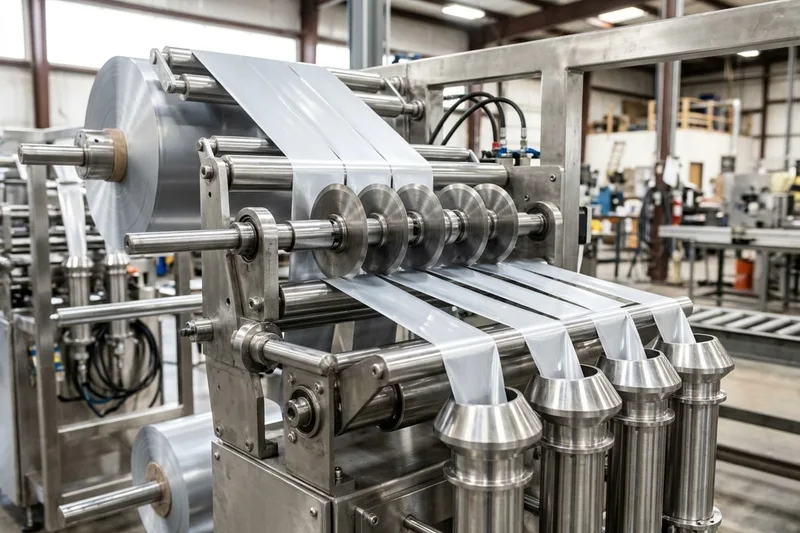 Multi-lane rotary slitting blades dividing a single master barrier laminate web into parallel narrow strips feeding stainless-steel vertical forming tubes
