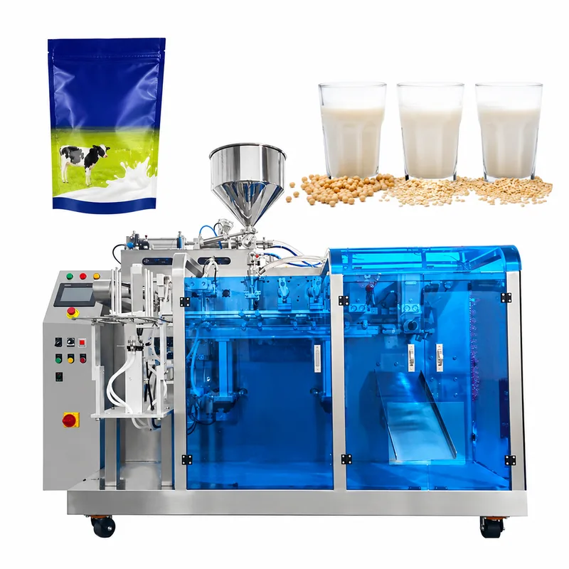 Horizontal premade-pouch filling machine with liquid hopper, shown with a milk stand-up pouch and glasses of milk