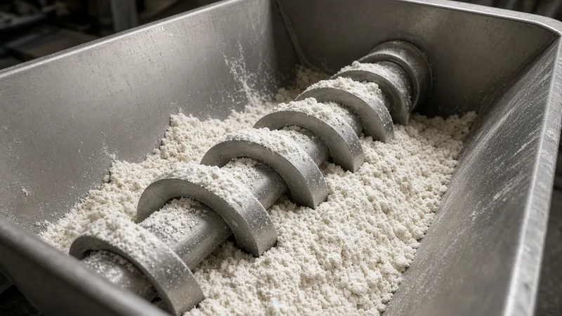 White flour in a metal trough, with a screw partly covered and flour heaped along the flights.