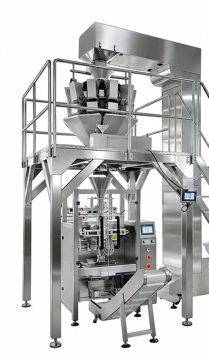 Vertical packaging machine with an elevated weighing assembly, lower jaw area and discharge conveyor.