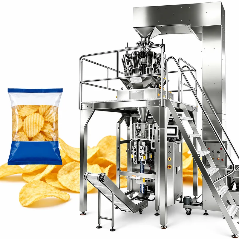 Multihead weighing and vertical bagging line with access stairs, shown beside a pillow bag of ridged potato chips