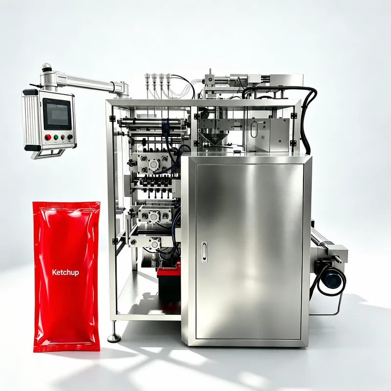 Sachet packaging machine with control panel, shown beside a red ketchup sachet